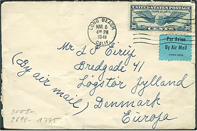 30 cents Winged Globe på luftpostbrev fra Long Beach d. 6.3.1941 til Løgstør, Danmark. Fra dansk sømand ombord på tankskibet Esso Balboa. Åbnet af tysk censur.