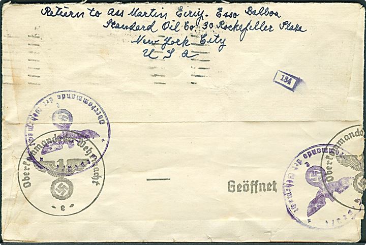 30 cents Winged Globe på luftpostbrev fra Long Beach d. 6.3.1941 til Løgstør, Danmark. Fra dansk sømand ombord på tankskibet Esso Balboa. Åbnet af tysk censur.
