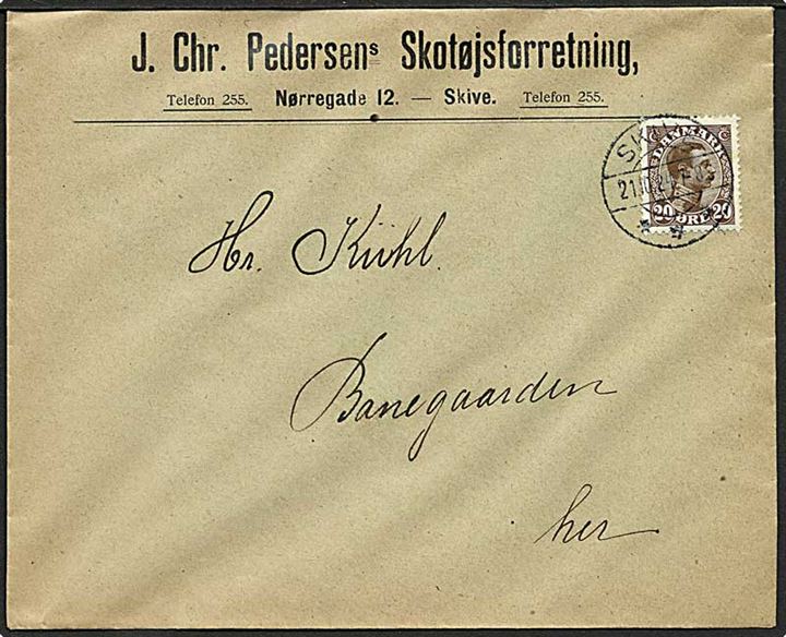 20 øre Chr. X single på lokalbrev i Skive d. 21.10.1924.