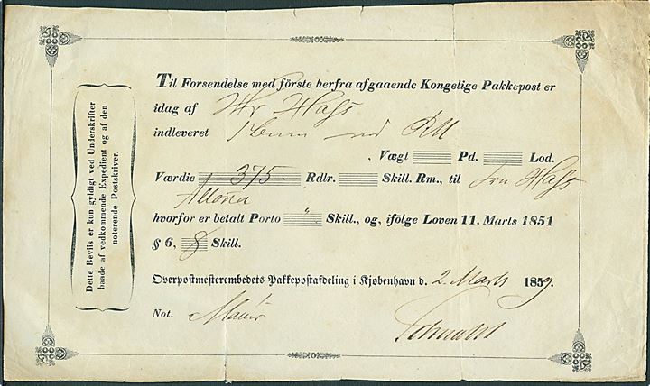 1859. Fortrykt Postbevis fra Overpostmesteremdedets Pakkepostafdeling i Kjøbenhavn d. 2.3.1859 for indlevering af værdibrev med 375 Rdlr. til Altona. 