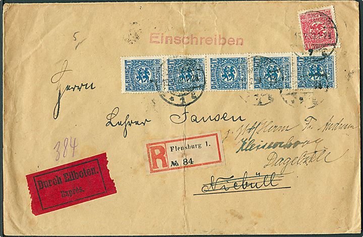 10 pfg. og 20 pfg. (5) Fælles udg. på stort anbefalet ekspresbrev fra Flensburg d. 15.2.1920 til Niebüll - eftersendt til Dagebüll.