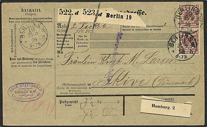 10 pfg og 50 pfg. Adler på 1,60 mk. frankeret adressekort for 2 pakker fra Berlin d. 21.3.1898 via Kolding til Skive, Danmark
