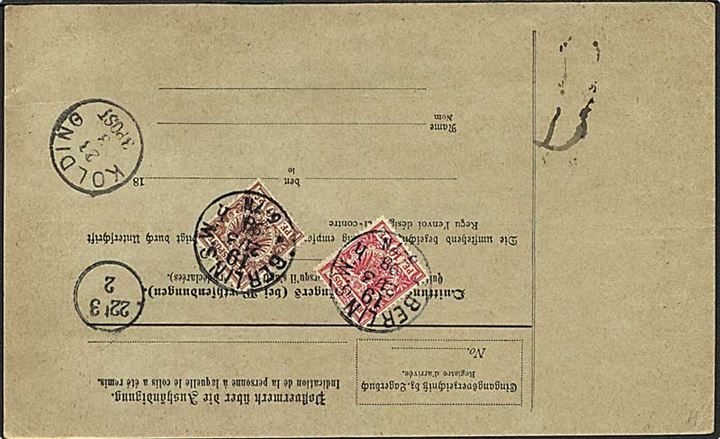 10 pfg og 50 pfg. Adler på 1,60 mk. frankeret adressekort for 2 pakker fra Berlin d. 21.3.1898 via Kolding til Skive, Danmark