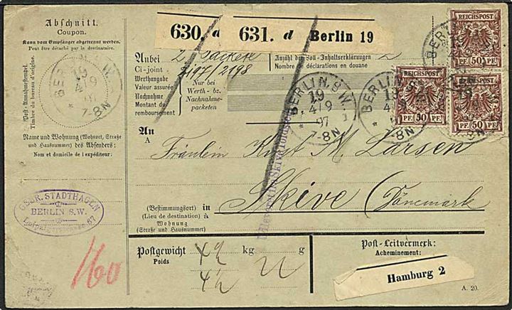 10 pfg og 50 pfg. Adler på 1,60 mk. frankeret adressekort for 2 pakker fra Berlin d. 4.9.1897 via Kolding til Skive, Danmark