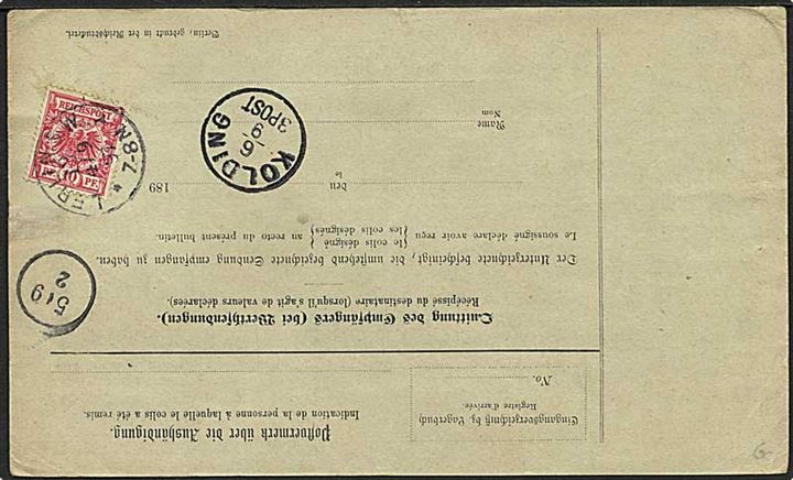 10 pfg og 50 pfg. Adler på 1,60 mk. frankeret adressekort for 2 pakker fra Berlin d. 4.9.1897 via Kolding til Skive, Danmark