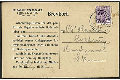 15 øre Chr. X på brevkort annulleret med brotype IIIb stempel Skive JB.P.E. d. 7.10.1921 til Skive. På bagsiden ovalt jernbanestempel SKIVE GODSEKSP. * D.S.B. *