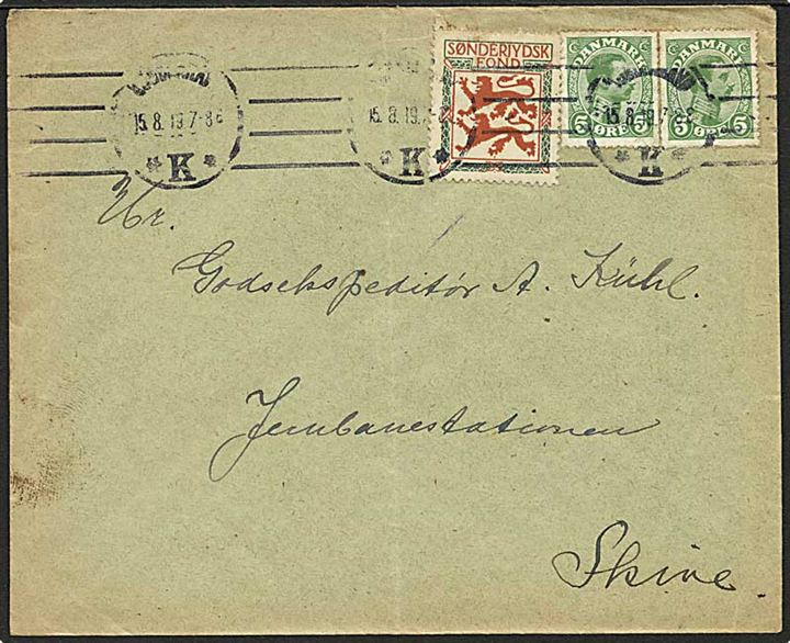 5 øre Chr. X i parstykke og Sønderjydsk Fond mærkat på brev fra Kjøbenhavn K. d. 15.8.1919 til Skive.
