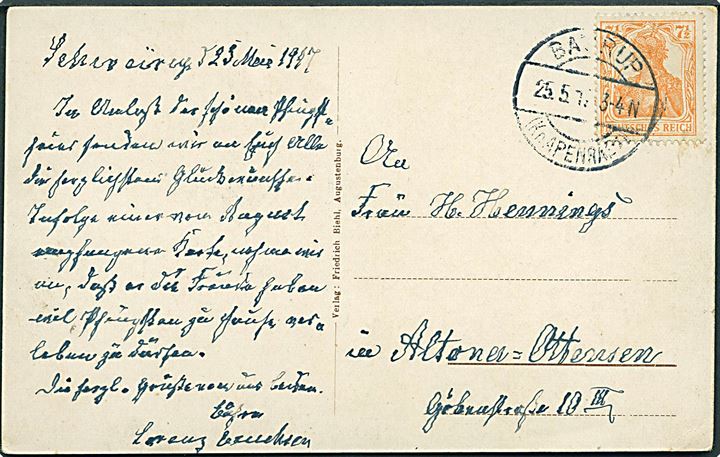 Bovrup, Kinderheim Sonnenschein. F. Biehl. Frankeret med 7½ pfg. Germania stemplet Baurup (Kr. Apenrade) d. 25.5.1917 til Altona.