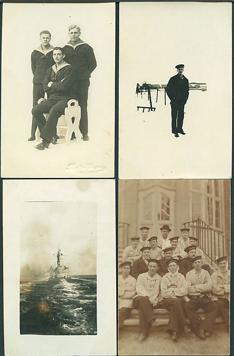 Peder Skram. 15 fotokort med panserskibet og besætning fra 1. verdenskrig. Flere fremstillet af fotograf Frederik Madsen i Korsør. U/no.
