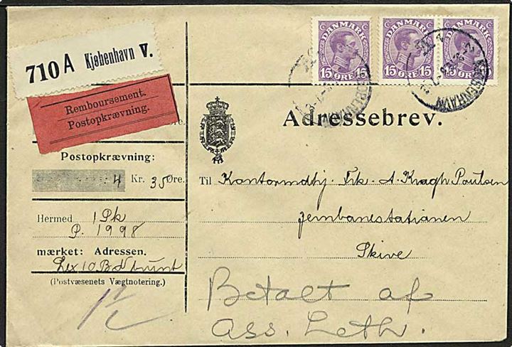 15 øre Chr. X på 45 øre frankeret adressebrev for pakke med opkrævning fra Kjøbenhavn d. 2.3.1919 til Skive.