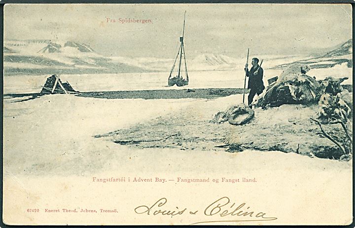 Svalbard. Fangstfartøj i Advent Bay med fangstmand og fangsten i land. Theod. Jebsen no. 62420. Sendt fra Advent Bay 1907, men lokalmærke fjernet.