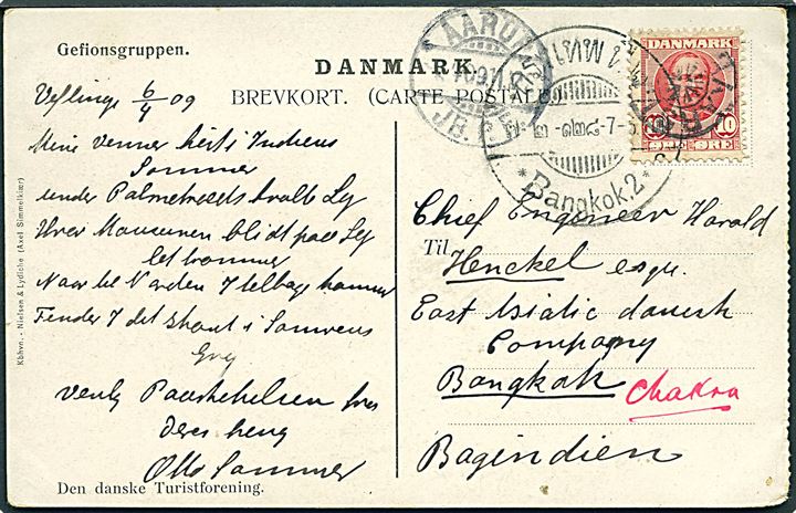 10 øre Fr. VIII på brevkort (Paul Fischer: Gefionsgruppen) fra Veflinge annulleret med stjernestempel HAARSLEV og sidestemplet Aarup JB.P.E. d. 7.4.1909 til Bangkok, Siam - eftersendt. Anvendt 1 uge senere end registreret i Skilling.