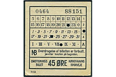 Københavns Sporveje. 45 øre Omstigningsbillet - formular 11-52. På bagsiden trykt reglement som slutter: Fugt ikke billetten med spyt..