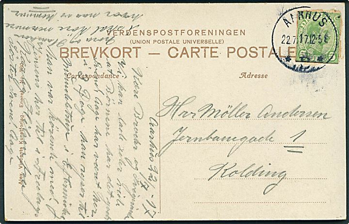 5 øre Chr. X helsagsafklip som frankering på brevkort fra Aarhus d. 22.7.1917 til Kolding.