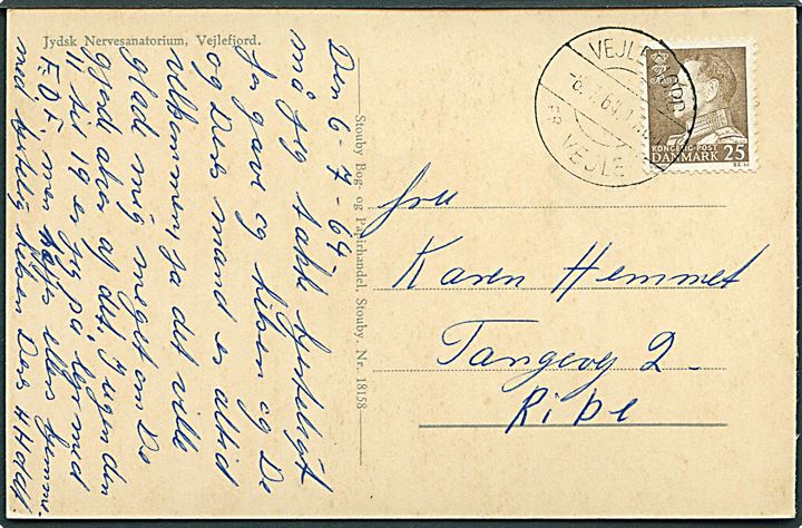 25 øre Fr. IX på brevkort (Jydsk Nervesanatorium, Vejlefjord) annulleret med pr.stempel Vejlefjord pr. Vejle d. 6.7.1964 til Ribe.