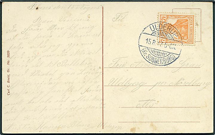 7½ pfg. Germania på brevkort (Udsigt fra Graasten slot) annulleret Ulderup (kr. Sonderburg) d. 15.8.1917 til Nordborg.
