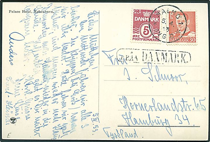 5 øre Bølgelinie og 30 øre Fr. IX på brevkort (Palace Hotel, København) annulleret med svensk stempel i Malmö d. 5.4.1953 og sidestemplet Från Danmark til Hamburg, Tyskland.