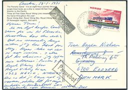 1 kr. Nordens Hus på luftpost brevkort (M/S Royal Viking i Panama kanalen) annulleret med skibsstempel M/S Royal Viking on cruise posted on board d. 28.1.1975 og sidestemplet Paquebot til Esbjerg, Danmark.