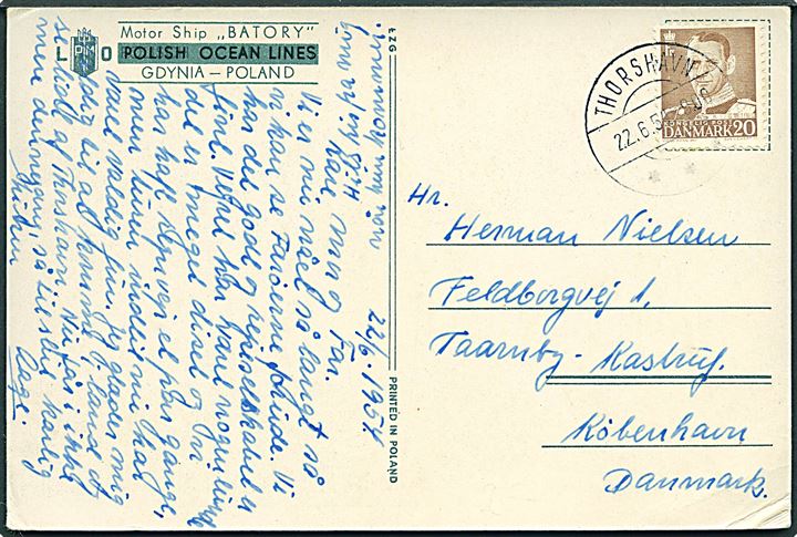 20 øre Fr. IX på brevkort (M/S Batory, Polish Ocean Lines) stemplet Thorshavn d. 22.6.1954 til København. Øjensynlig skrevet ombord på Batory under rejse til Færøerne.