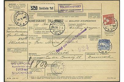 1,15 kr. Tre Kroner og 90 öre Geijer på internationalt adressekort for pakke fra Stockholm d. 25.2.1949 til Hillerød.