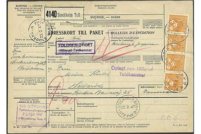 1 kr. Tre Kroner i 4-stribe på internationalt adressekort for pakke fra Stockholm d. 22.2.1947 til Hillerød, Danmark.