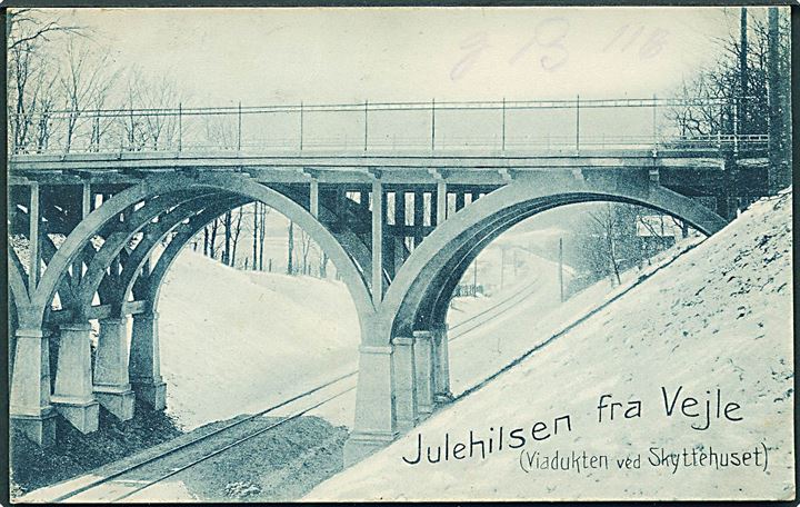 Julehilsen fra Vejle. (Viadukten ved Skyttehuset). Hvidehus Boglade no. 16170 b. (Afrevet mærke). 