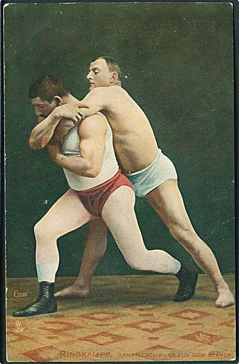 Ringkampfer. Armfallschwung aus dem stande. Raphael Tuck & Sons Oilette serie Ringkämpfer no. 377 B. 