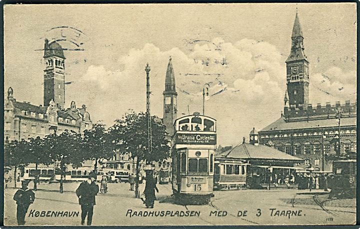 Raadhuspladsen med de 3 taarne, København. Dobbeltdækker og andre sporvogne ses. Dansk Lystrykkeri no. 1171.