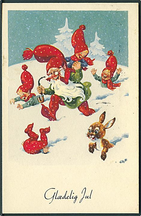 Vilhelm Hansen: Glædelig Jul. Nisser leger i sneen. L. W. no. 3015. 