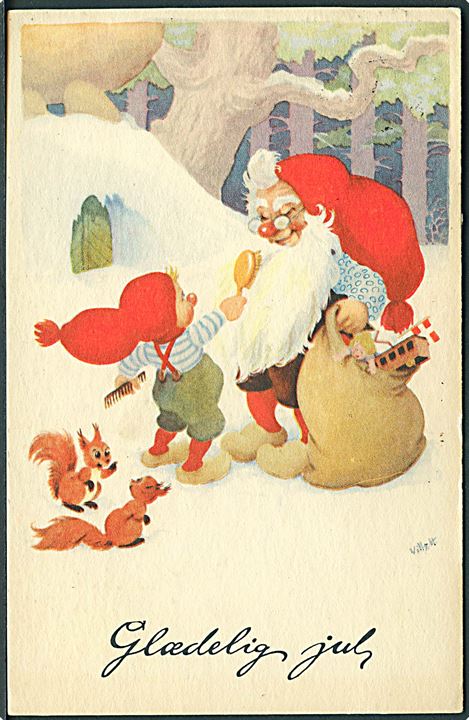 Vilhelm Hansen: Glædelig Jul. Nissebarn reder nissefars skæg. Stenders, serie no. 662. 
