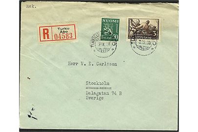 50 p. Løve og 3½ mk. Delaware på anbefalet brev fra Turku d. 2.9.1938 til Stockholm, Sverige.
