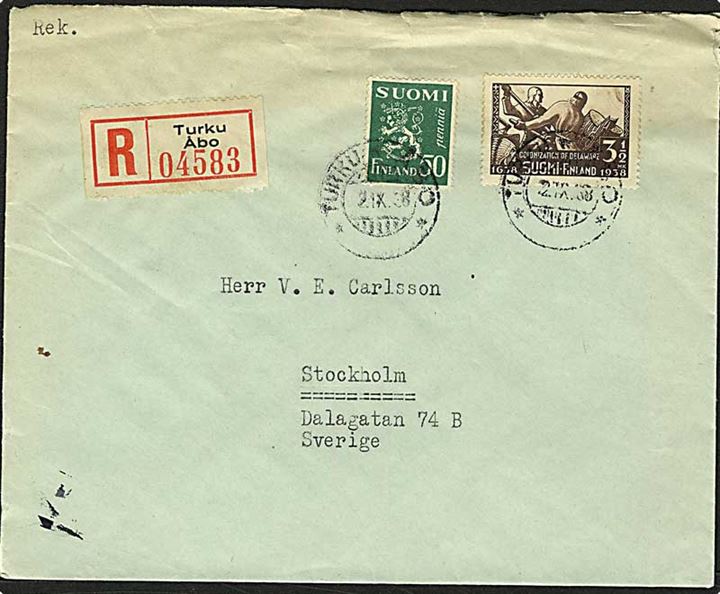50 p. Løve og 3½ mk. Delaware på anbefalet brev fra Turku d. 2.9.1938 til Stockholm, Sverige.