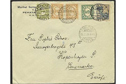 Hollandsk Ostindien 1 c., 2 c. (2), 5 c. Ciffer udg. og 20 c. Wilhelmina på 30 c. frankeret brev fra Pematang Siantar d. 23.2.1926 til København, Danmark.