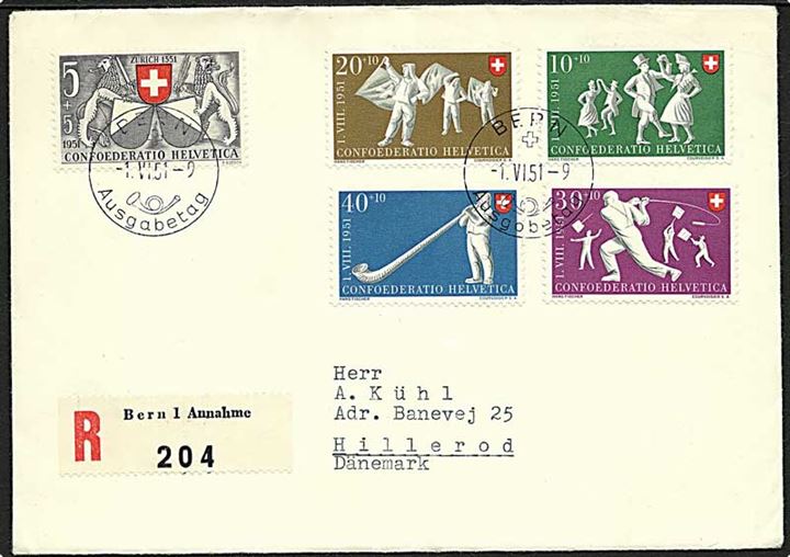 Komplet sæt 1951 Forbundsfest på anbefalet FDC stemplet Bern d. 1.6.1951 til Hillerød, Danmark. Michel: €150