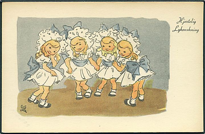 Illa Winkelhorn: Hjertelig Lykønskning. 4 piger iført hvide kjoler & blå bånd. Stenders, serie 5031. 