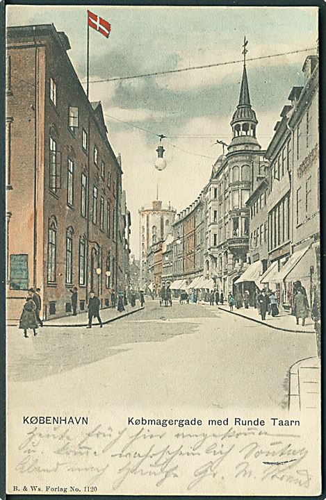Købmagergade med Runde Taarn, København. B. & W's Forlag no. 1120. (Afrevet mærke). 