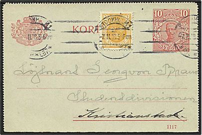 10 öre Gustaf helsagskorrespondancekort opfrankeret med 2 öre Tre Kroner fra Stockholm d. 7.11.1918 til Kristianstad.