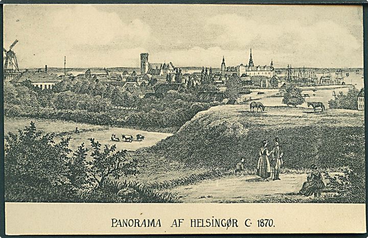 Panoram af Helsingør C. 1870. Mølle ses til venstre. Knud Nielsens Forlag u/no. 