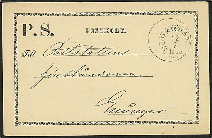 Ufrankeret P.S. (postsag) postkort fra Söderhamn d. 12.7.1885.