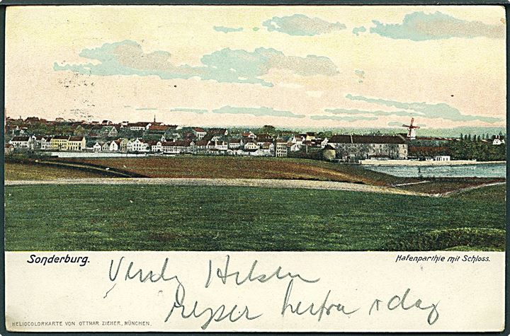 Sønderborg. Hafenparthie mit Schloss. Mølle ses i baggrunden. Heliocolorkarte von Ottmar Zieher u/no. 