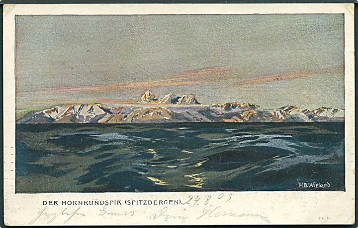 Svalbard. Der Hornrundspik (Spitzbergen). Tegnet af H.B.Wieland. C.A.&Co. no. 3027. Sendt som tryksag med 5 øre Posthorn fra Trondhjem d. 24.8.1905 til Marne, Tyskland.