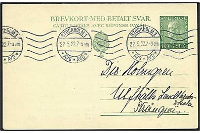10+10 öre Gustaf helsags dobbeltbrevkort fra Stockholm d. 22.5.1922 til Strängnäs. Vedhængende ubenyttet svardel.