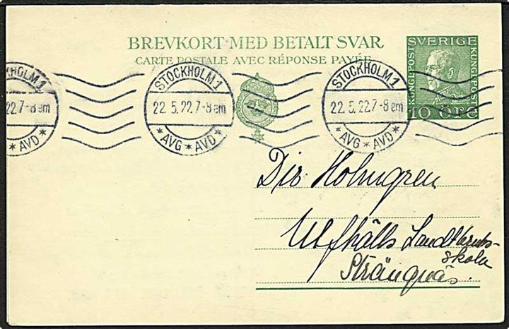 10+10 öre Gustaf helsags dobbeltbrevkort fra Stockholm d. 22.5.1922 til Strängnäs. Vedhængende ubenyttet svardel.