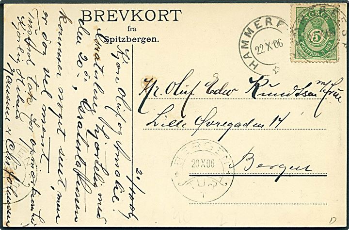 Svalbard. Ved Smeerenburg. A. Kalland u/no. Frankeret med 5 øre Posthorn fra Hammerfest d. 22.10.1906 til Bergen.