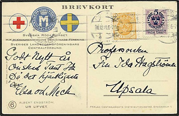 5/6 öre Landstorm og 2 öre Tre Kroner på officielt Landstorm postkort (Ur Lifvet, Albert Engström) fra Stockholm d. 26.12.1918 til Upsala.