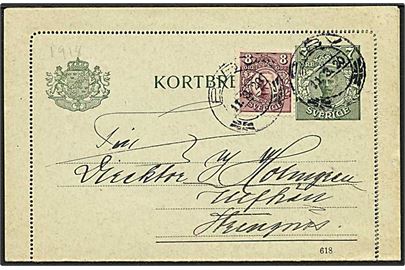 7 öre Gustaf helsags korrespondancekort med fuld rand opfrankeret med 8 öre Gustaf og sendt fra Biby d. 11.3.1920 til Strängnäs.