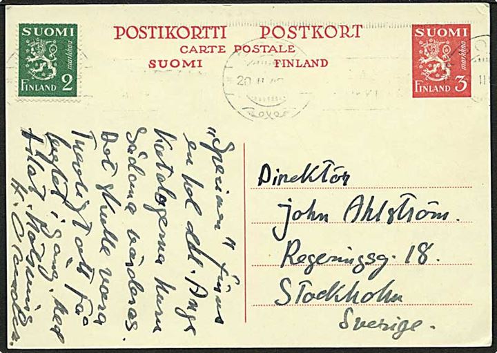 3 mk. helsagsbrevkort opfrankeret med 2 mk. Løve udg. fra Pori d. 20.2.1946 til Stockholm, Sverige.