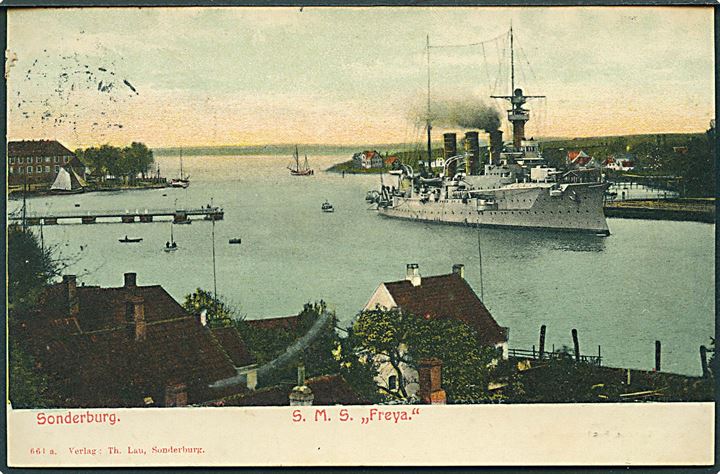 Sønderborg med tyske krydser SMS Freya. Th. Lau no. 1022.