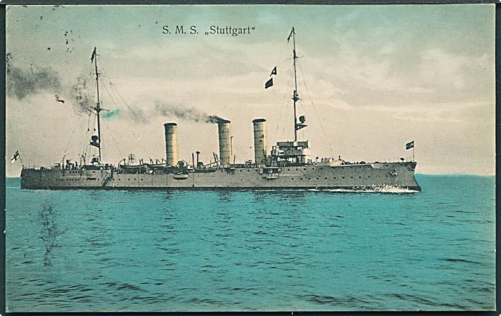 SMS Stuttgart, krydser. Venus no. 16704. Frankeret med 10 pfg. Germania stemplet Sonderburg d. 13.6.1914 til Odense, Danmark.