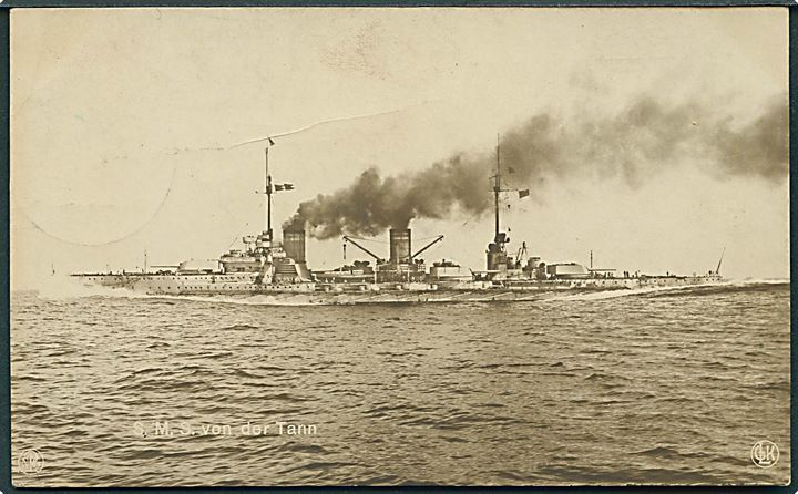 SMS von der Tann. Fl. Schuhmacher u/no. Anvendt som marinefeltpost med stempel Kais. Deutsche Marineschiffspost no. 38 d. 24.4.1915 til Hamburg.